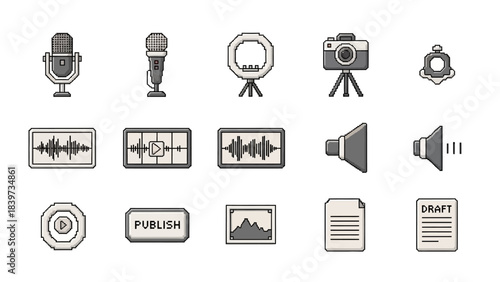 Content Creation and Media Production Icons Set. Audio, Video, Publishing, and Digital Assets Flat Line Vector Collection.