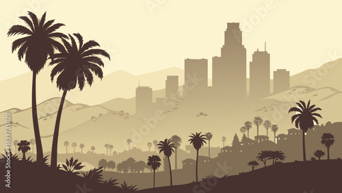 Los angeles cityscape in sepia tones with mountains and palm trees, ideal for travel blogs, urban posters, and retroinspired designs.