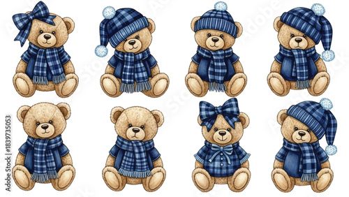 Cute Blue Winter Teddy Bears Clipart Set, Plaid Scarf & Hat Watercolor Illustrations, Cozy Christmas Nursery Art
