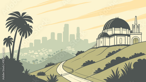 Los angeles skyline with griffith observatory framing a palmlined road, suitable for travel brochures, city guides, los angelesthemed designs.