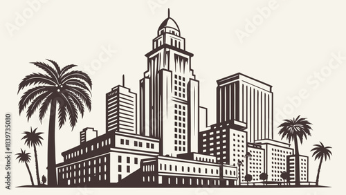 Los angeles skyline with palmlined cityscape, a sunny scene reminiscent of californias coast, perfect for travel brochures or website banners.