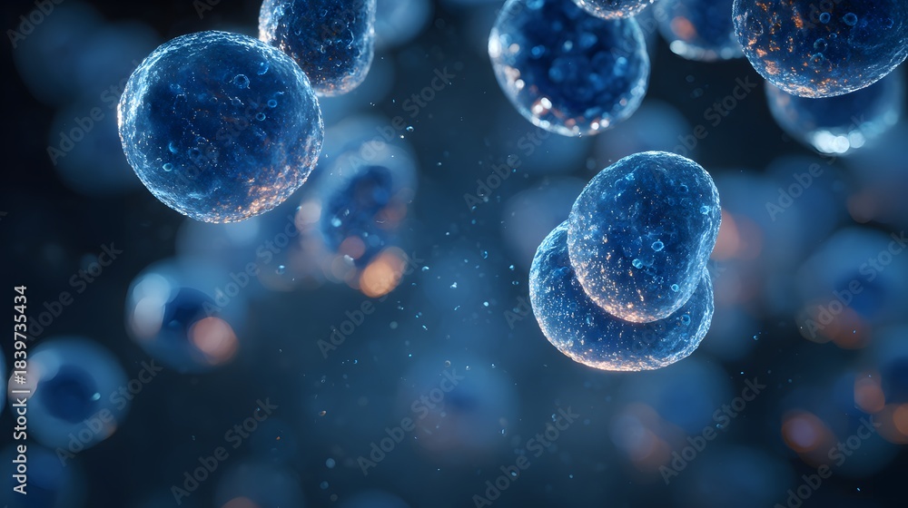 Fototapeta premium Three dimensional rendering depicts microscopic biological spheres floating in a dark environment