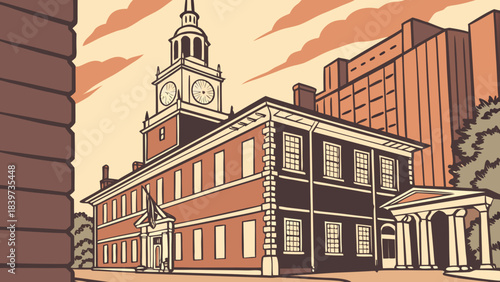 Philadelphia skyline captures historic independence hall with modern cityscape, suitable for travel brochures, historical presentations, and educational materials.