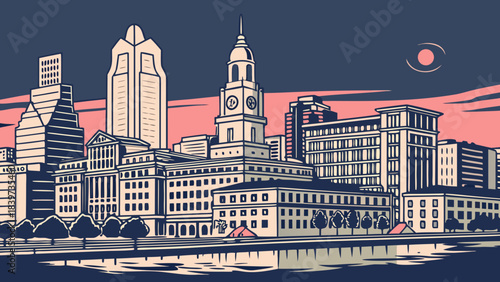 Philadelphia skyline reflects in water, showcasing cityscapes, buildings, and trees. Suitable for urban websites, travel brochures, or citythemed designs.