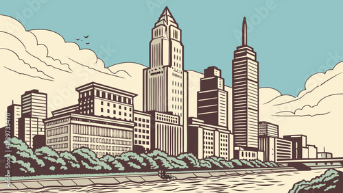 Philadelphia skyline cityscape with tall buildings, trees, and river suitable for travel brochures, websites, and editorial content on urban landscapes.