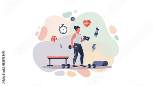 Empowered woman lifting weights in modern fitness setting, achieving strength and vitality, promoting healthy lifestyle and wellness goals beautifully