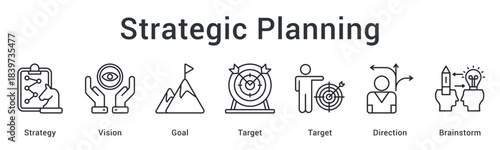 Strategic planning combining vision and goals with targeted direction through creative brainstorming sessions. icon sheet multiple style collection