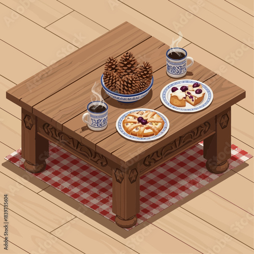 cozy holiday breakfast setup with pinecones hot coffee and sweet pastries on a rustic wooden table