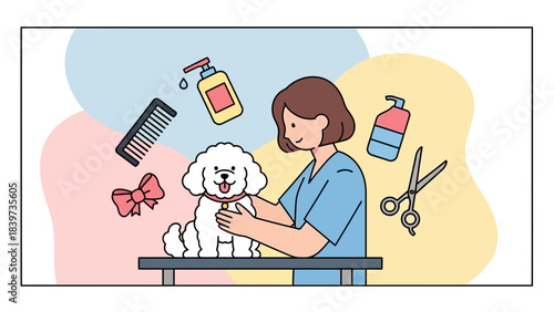 Adorable fluffy dog getting pampered at a professional grooming salon, perfect for pet care promotions and services, happy pet, cute dog illustration