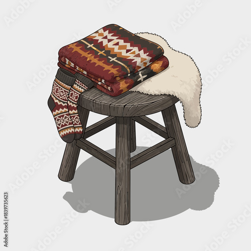 Cozy home decor with a rustic wooden stool adorned with knitted blankets and a soft sheepskin