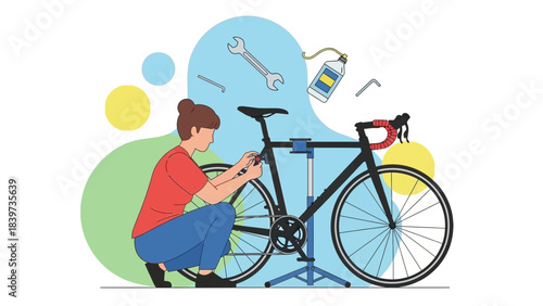 Get Ready to Ride Woman repairing bicycle at home ensures smooth rides and fitness adventures, perfect for active lifestyles and weekend fun