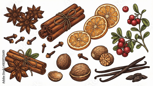 Wallpaper Mural Hand drawn winter spices set with cinnamon, orange, star anise, cloves, nutmeg, vanilla and cranberry. Vintage engraving style illustration. Torontodigital.ca