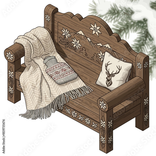 Cozy rustic wooden church pew adorned with floral carvings and winter decorations
