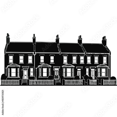 Row of Traditional British Terraced Houses with Front Gardens and Chimneys.