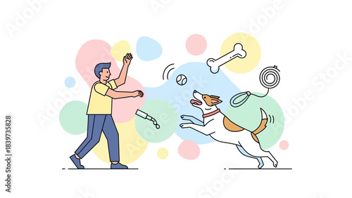 Joyful dog eagerly jumps to catch the ball thrown by his owner in a playful scene of companionship and happiness, perfect for pet-related promotions