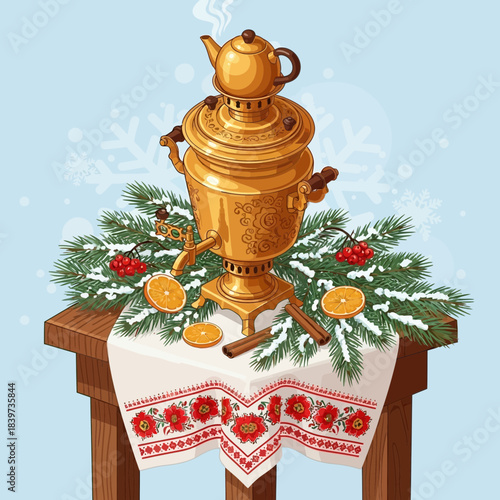 Decorative samovar surrounded by traditional holiday decorations on festive tablecloth