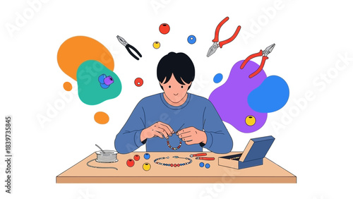 Creative person crafting jewelry with beads and tools on table, perfect for DIY craft projects and artistic hobbies, showcasing passion and handmade design