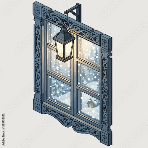 Decorative vintage balcony with intricate blue woodwork and a hanging lantern overlooking a snowy