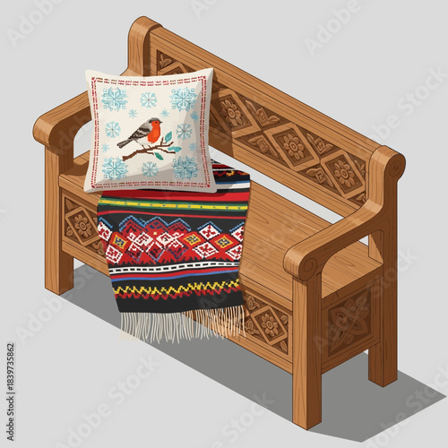 Decorative wooden bench with traditional embroidered cushion and blanket showcasing handcrafted