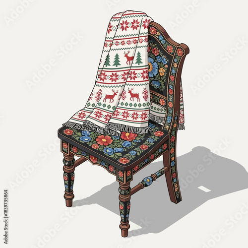 Decorative wooden chair with intricate embroidery and colorful floral patterns reflecting folk art