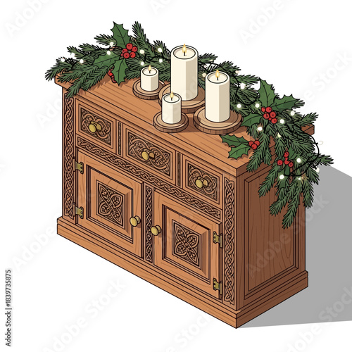 Decorative wooden sideboard with holiday greenery and candle arrangement for festive ambiance