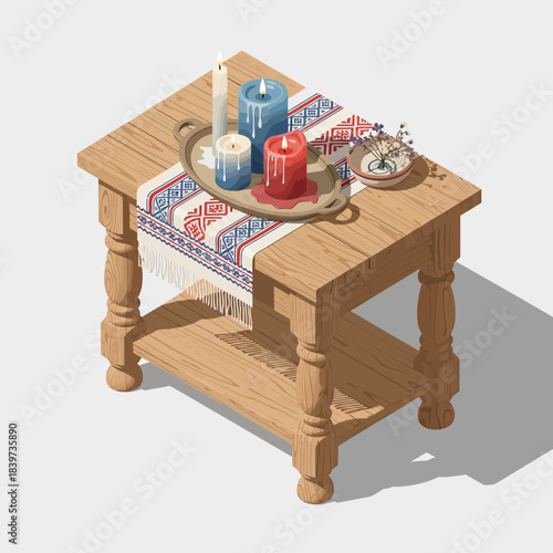 Decorative wooden table with candles and traditional embroidered cloth for cozy ambiance