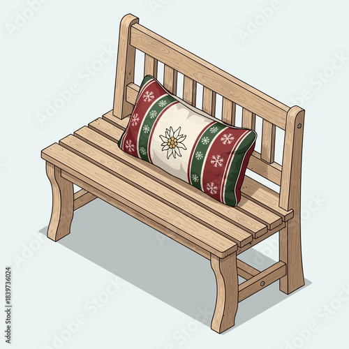 illustration of a wooden outdoor garden bench with decorative cushion and floral design