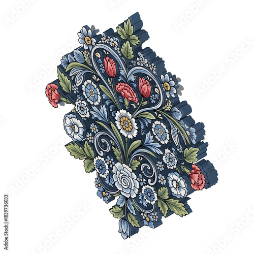 Intricate floral embroidery design featuring roses daisies and detailed leaves