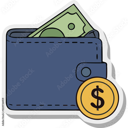 Blue Leather Wallet with Cash and Gold Coin Featuring a Dollar Sign on a White Background