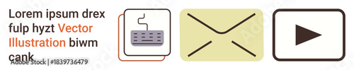 Digital communication, messaging, multimedia sharing, online services, content creation, mail systems. Keyboard, envelope and play button icons in a minimalist design. Messaging and multimedia