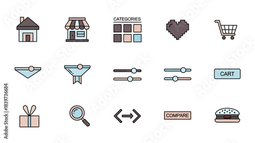 E-commerce, Shopping, and Web Navigation Icon Set. Cart, Filter, Search, Home, and Product Category Symbols.