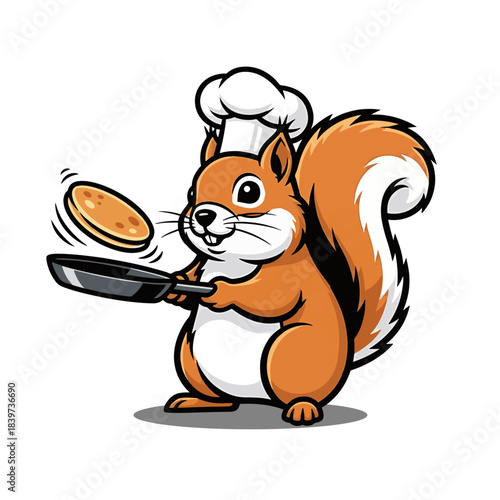 Cute Squirrel Chef Flipping a Pancake in a Frying Pan, Whimsical Cartoon Illustration