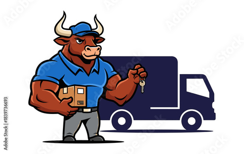 Strong Bull Mascot for Delivery and Moving Service with Truck and Package
