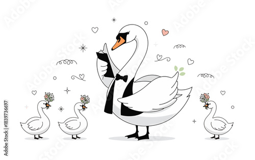 Elegant Swan in Tuxedo with Cygnets Bearing Flowers Illustration