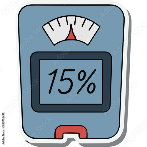 Blue digital scale displaying 15 percent with a red accent at the bottom on a white background symbolizing weight measurement and health tracking