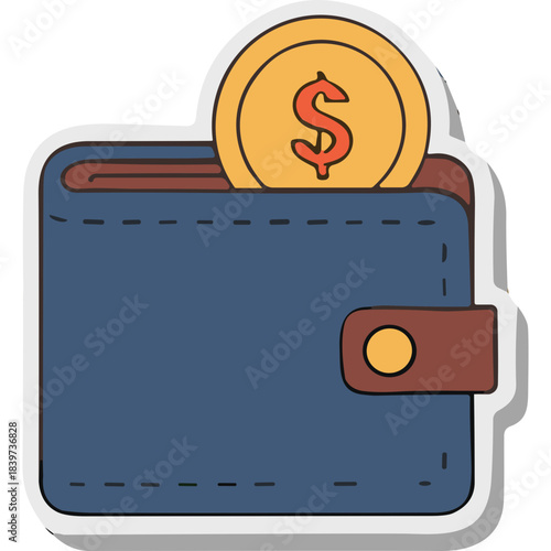 Blue Leather Wallet With A Gold Coin Showing A Red Dollar Sign On A White Background