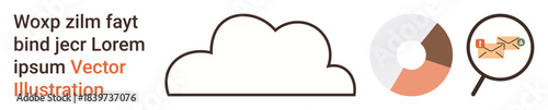 Cloud storage, data sharing, communication, analytics, email security, technology. Cloud icon, pie chart magnified email. Cloud storage and data sharing through icons