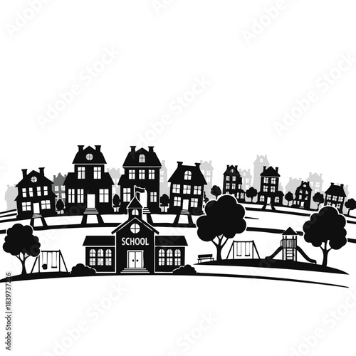 Black and White Illustration of a School and Neighborhood Scene with Trees and Houses.