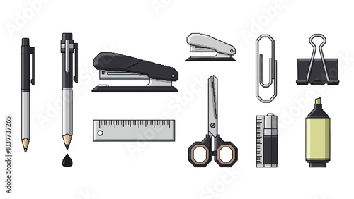 Office and School Supplies Icons Set. Essential Stationery Tools Collection in Gray Monochrome.