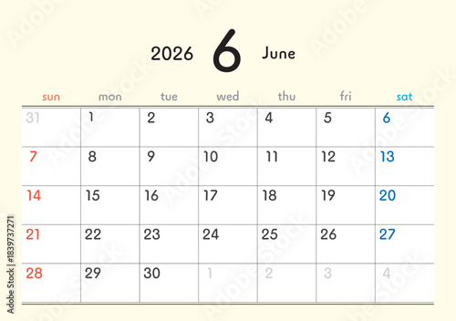 2026年カレンダー6月