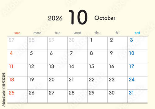 2026年カレンダー10月