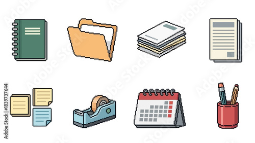 Pixel Art Icons of Office Supplies and Stationery for Digital Design and Organization