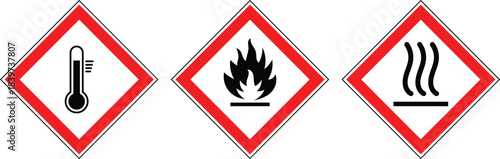 Set of hazard warning signs: fire hazard, heat material sign and high temperature safety symbol