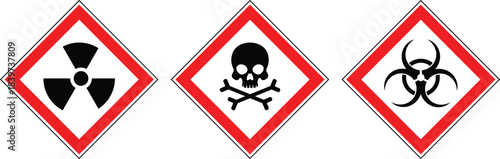 Set of hazard warning signs vector. Radioactive hazard sign, crossbones toxic hazard, biohazard safety sign