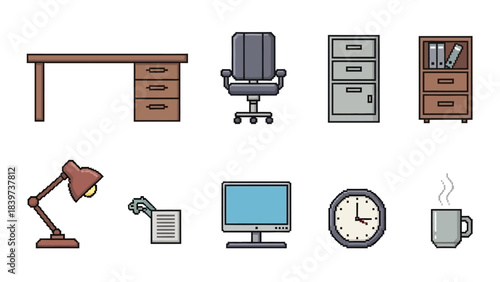Collection of office supplies and furniture icons representing a workspace