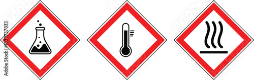 Set of hot surface hazard, toxic chemical hazard sign, high temperature icon. Industrial safety warning signs vector illustration
