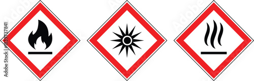 Set of hazard warning signs: flammable material signs, hot surface hazard, laser safety symbol