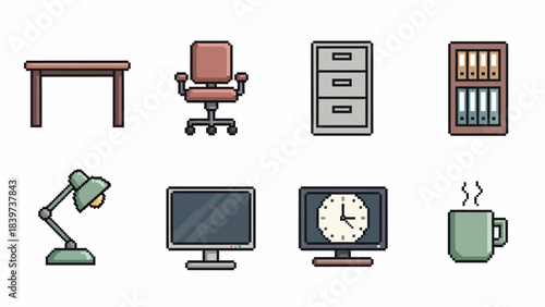 Pixel Art Office Icons Set Featuring Desk, Chair, Computer, Lamp, Filing Cabinet, and Coffee Mug
