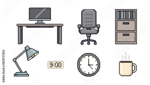 Pixel art collection of office furniture and accessories, including desk, chair, cabinet, lamp, clocks, and coffee mug, for digital design