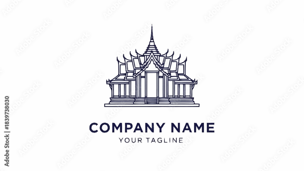 Naklejka premium A minimalist line art logo featuring a traditional Thai temple or palace building with intricate tiered roofs and columns, in dark blue on a white background.